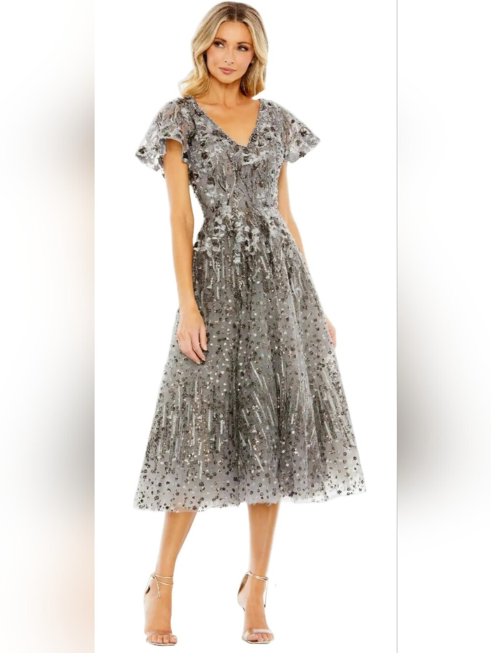 Mac Duggal 20393 Embellished Gunmetal V-Neck Midi Dress Size 6